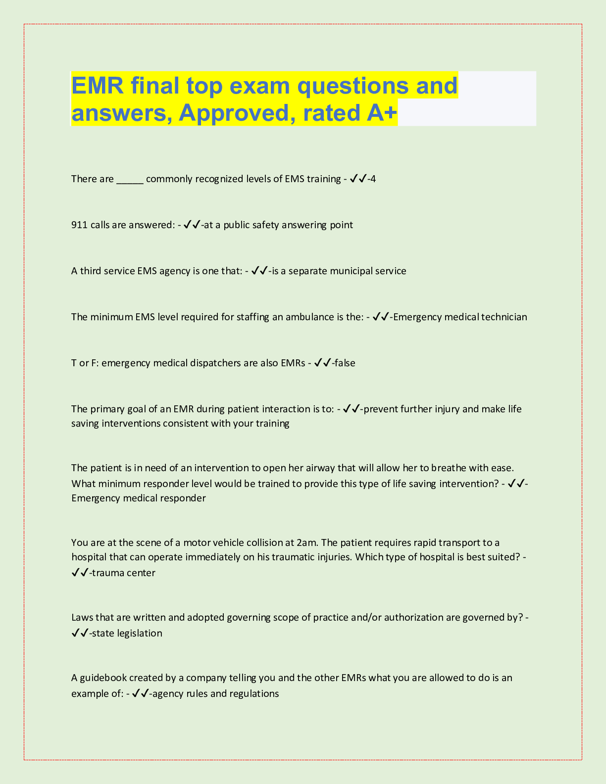 Preview image for EMR final top exam questions and  answers, Approved, rated A+